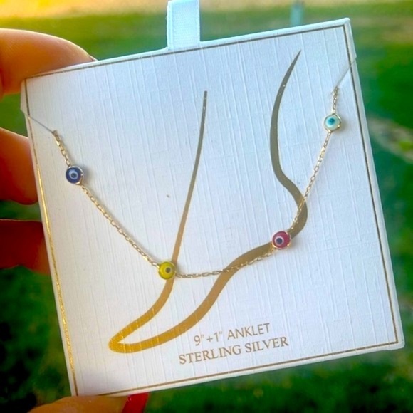 Brand New 925 Sterling Silver Gold Tone Evil Eye Multicolored Anklet Protection - Picture 1 of 15